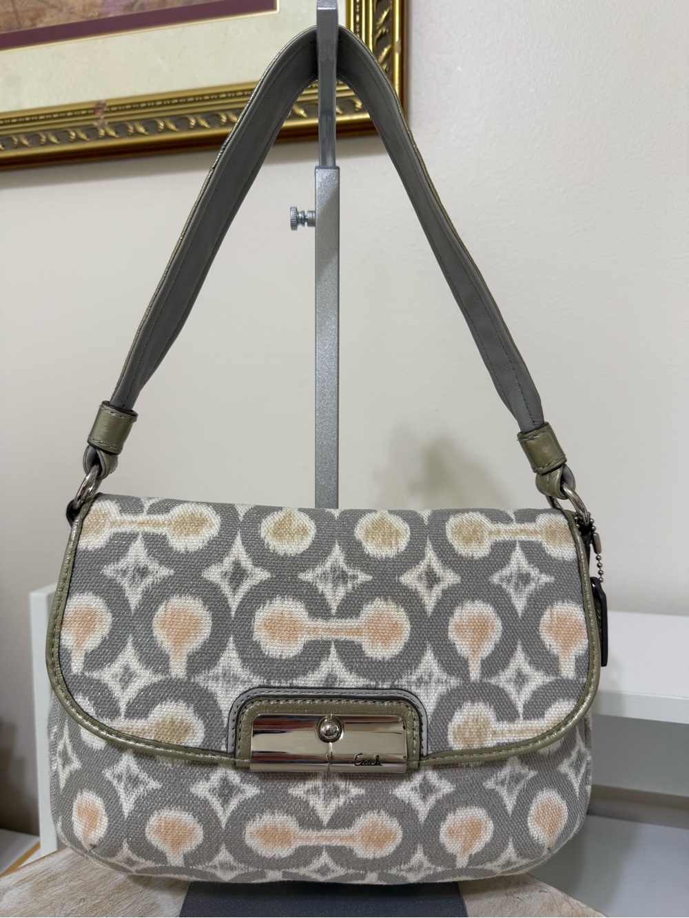 Vintage Coach Small Signature Canvas Crossbody in Gray, Cream & Peach
